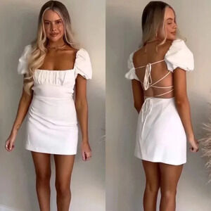 Zara Linen Blend Balloon Sleeve Strappy Back Mini Dress White Blogger Fav Sz M